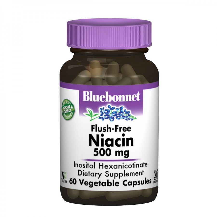 Нiацин без iнфузату (В3) 500мг, Bluebonnet Nutrition, 60 вегетаріанських капсул