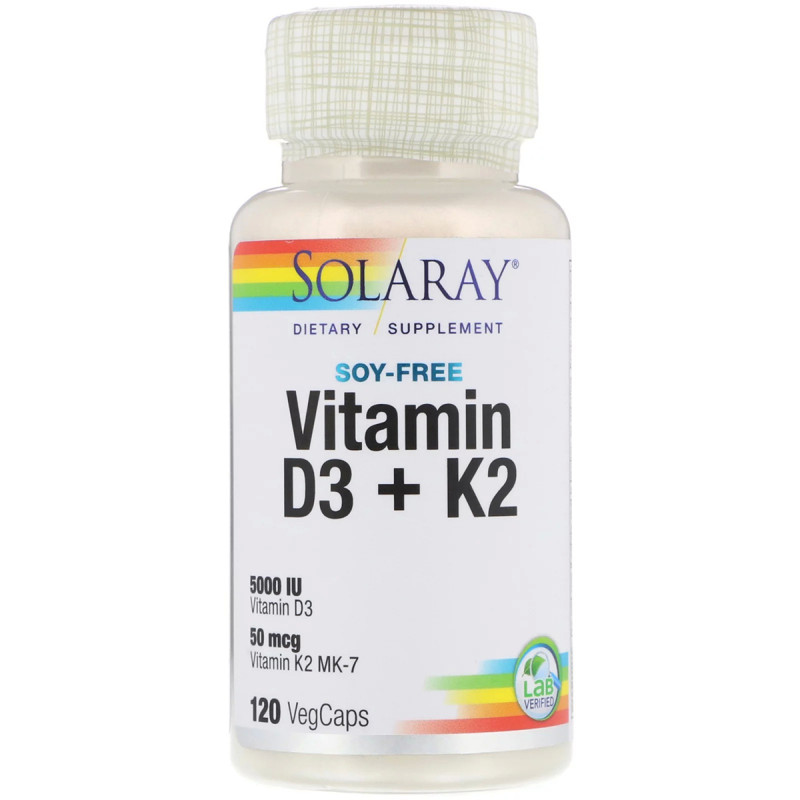 Витамин D3 + K2, Soy-Free Vitamin D3 + K2, Solaray, 120 вегетарианских капсул