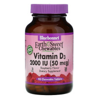 Витамин D3 2000IU, Вкус Малины, Earth Sweet Chewables, Bluebonnet Nutrition, 90 жевательных таблеток