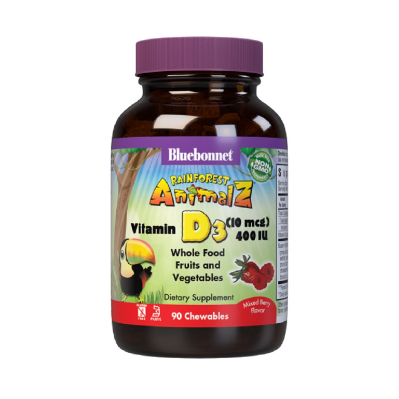 Витамин D3 400IU для детей, Вкус Ягод, Rainforest Animalz, Bluebonnet Nutrition, 90 жевательных таблеток