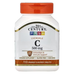Вітамін C, 500 мг, смак апельсина, Chewable Vitamin C, 21st Century, 110 жувальних таблеток
