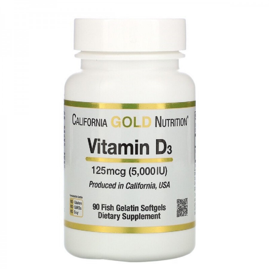 Вітамін D3, 5000 МО (125 мкг), California Gold Nutrition, 90 желатинових капсул