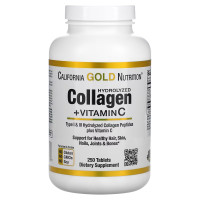 Гидролизованные пептиды коллагена + витамин C, Hydrolyzed Collagen Peptides + Vitamin C, Type I & III, California Gold Nutrition, 250 таблеток
