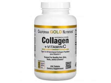 Колаген Гідролізовані пептиди + Вітамін С, Hydrolyzed Collagen Peptides + Vitamin C, Type I & III, California Gold Nutrition, 250 таблеток