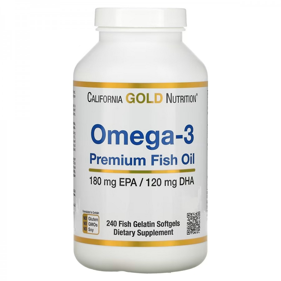 Риб'ячий жир преміум-класу з Омега-3, 180 EPA /120 DHA, Omega-3 Premium Fish Oil, California Gold Nutrition, 240 желатинових капсул