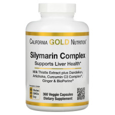 Комплекс силимарина с растительными экстрактами, Silymarin Complex, Milk Thistle Extract Plus Dandelion, Artichoke, Curcumin C3 Complex, Ginger и BioPerine, California Gold Nutrition, 360 вегетарианских капсул