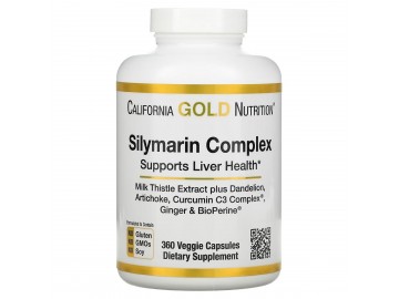 Комплекс силімарину з рослинними екстрактами, Silymarin Complex, Milk Thistle Extract Plus Dandelion, Artichoke, Curcumin C3 Complex, Ginger та BioPerine, California Gold Nutrition, 360 вегетаріанських капсул