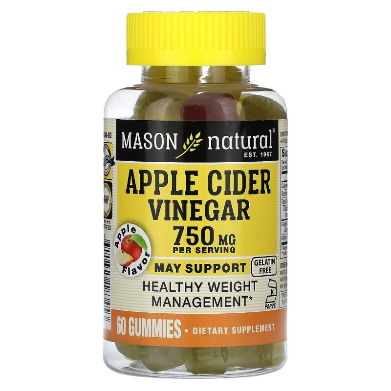 Яблочный уксус, 250 мг, Apple Cider Vinegar, Mason Natural, 60 жевательных таблеток