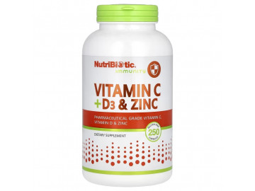 Вітамін C, D3 та цинк, Immunity, Vitamin C, D3 & Zinc, NutriBiotic, 250 капсул