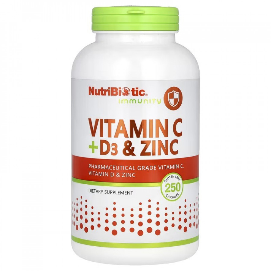 Вітамін C, D3 та цинк, Immunity, Vitamin C, D3 & Zinc, NutriBiotic, 250 капсул