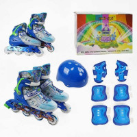 Ролики 9678-31 L размер 39-43 (6) цвет СИНИЙ, колеса PU, d колес – 6 см, стелька 24 см, подсветка колес, шлем, защита, в коробке
