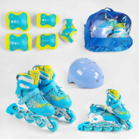 Ролики с защитой 6917-М размер 35-38 (6) цвет СИНИЙ, колеса PU, ПЕРЕДНЕЕ КОЛЕСО СВЕТ, стелька 20-24 см, d колес – 6.5 см, в сумке