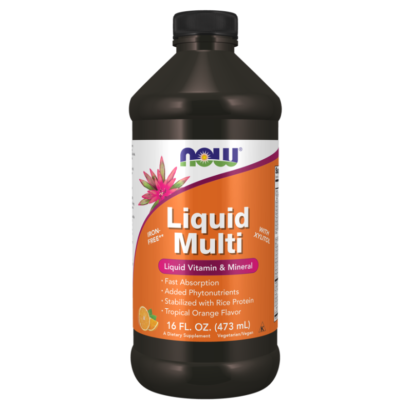 Мультивитамины, Liquid Multi, Now Foods, жидкие, без железа, тропический апельсин, 473 мл