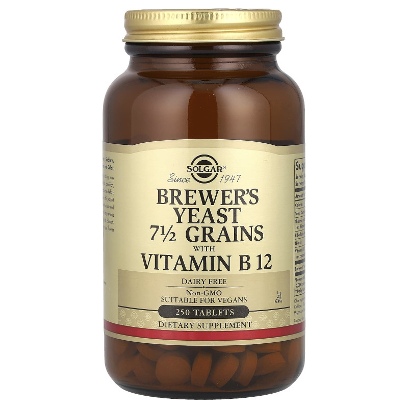 Пивні дріжджі 7 1/2 зерна з вітаміном B12, Brewer's Yeast, 7 1/2 Grains with Vitamin B12, Solgar, 250 таблеток
