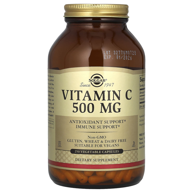 Витамин С, Vitamin C, Solgar, 500 мг, 250 растительных капсул
