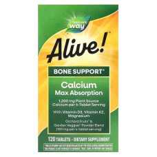 Кальций, D3, К2 и магний, Alive! Calcium, Max Absorption, Nature's Way, Alive!, укрепление костей, максимальное усвоение, 120 вегетарианских таблеток