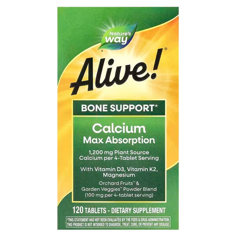 Кальций, D3, К2 и магний, Alive! Calcium, Max Absorption, Nature's Way, Alive!, укрепление костей, максимальное усвоение, 120 вегетарианских таблеток