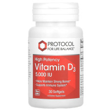 Витамин D3, Vitamin D3, Protocol for Life Balance, высокая эффективность, 5000 МЕ, 30 гелевых капсул