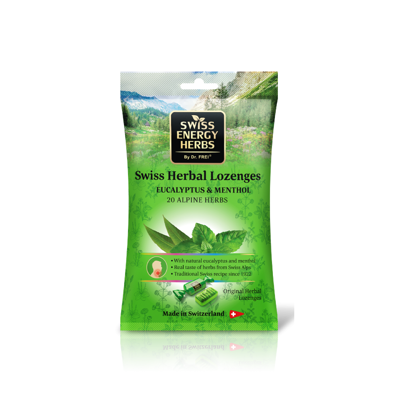 Леденцы от простуды, Herbal Lozenges Bag 20 herbs + Eucalyptus and Menthol, Swiss Energy, от кашля, боли в горле и заложенности носа, 20 альпийский трав, ментол и эвкалипт, 12 травяных леденцов (55 г)