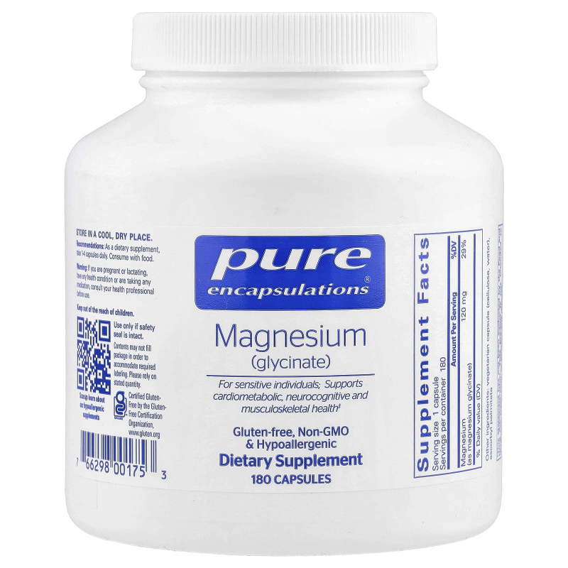Магній гліцинат, Magnesium (glycinate), Pure Encapsulations, для зняття стресу, сну, здоров'я серця, нервів, м'язів та метаболізму, 120 мг, 180 капсул