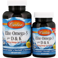 Омега 3 + витамин D3 и витамин К, Omega-3 Plus D & K, Carlson, 60+30 гелевых капсул