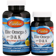 Омега 3 + вітамін D3 і вітамін К, Omega-3 Plus D & K, Carlson, 60 + 30 гелевих капсул