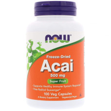 Асаи, Acai, Now Foods, сублимированные ягоды, 500 мг, 100 вегетарианских капсул