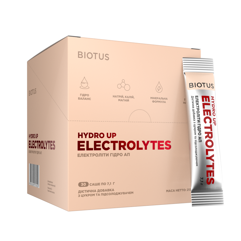 Електроліти Гідро Ап, Eloctrolytes Hydro Up, Biotus, з цукром та підсолоджувачем, 30 саше (213 г)