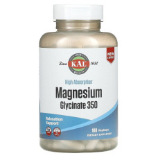 Магній гліцинат, Magnesium Glycinate, KAL, висока абсорбція, 350 мг, 160 вегетаріанських капсул
