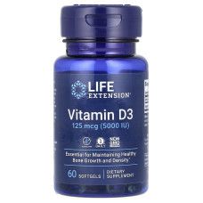 Витамин D-3, Vitamin D3, Life Extension, 125 мкг (5000 МЕ), 60 гелевых капсул