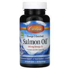 Олія лосося, Омега-3, Omega-3 Enriched Salmon Oil, Carlson, норвезька, 250 мг, 50 гелевих капсул