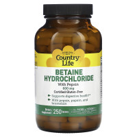 Бетаина гидрохлорид, Betaine Hydrochloride, Country Life, 600 мг, 250 таблеток