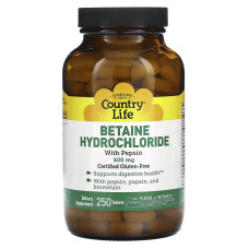 Бетаина гидрохлорид, Betaine Hydrochloride, Country Life, 600 мг, 250 таблеток