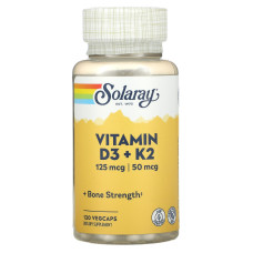 Витамины D3 и К2, Vitamin D-3 + K-2, Solaray, без сои, 120 капсул