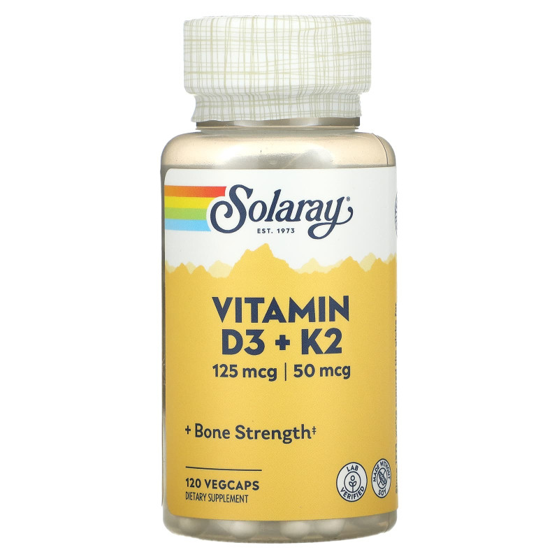 Витамины D3 и К2, Vitamin D-3 + K-2, Solaray, без сои, 120 капсул