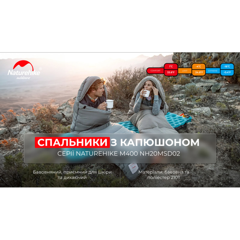 Спальник з капюшоном Naturehike M400 NH20MSD02, (1°C), лівий, сірий