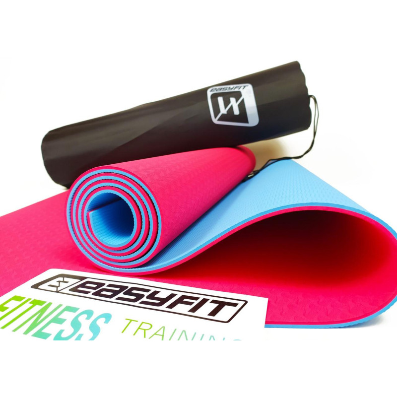 Двошаровий килимок EasyFit для пілатесу, фітнесу та йоги з чохлом, 183x61 см, товщина 6 мм, TPE/TC, ECO-Friendly, червоно-блакитний