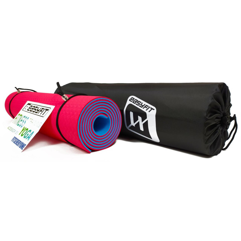 Двошаровий килимок EasyFit для пілатесу, фітнесу та йоги з чохлом, 183x61 см, товщина 6 мм, TPE/TC, ECO-Friendly, червоно-блакитний