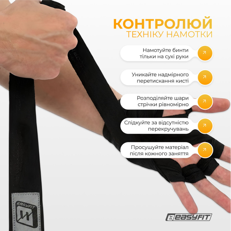 Бинти для боксу EasyFit Classic Wrap, довжина 4,5 м, чорні