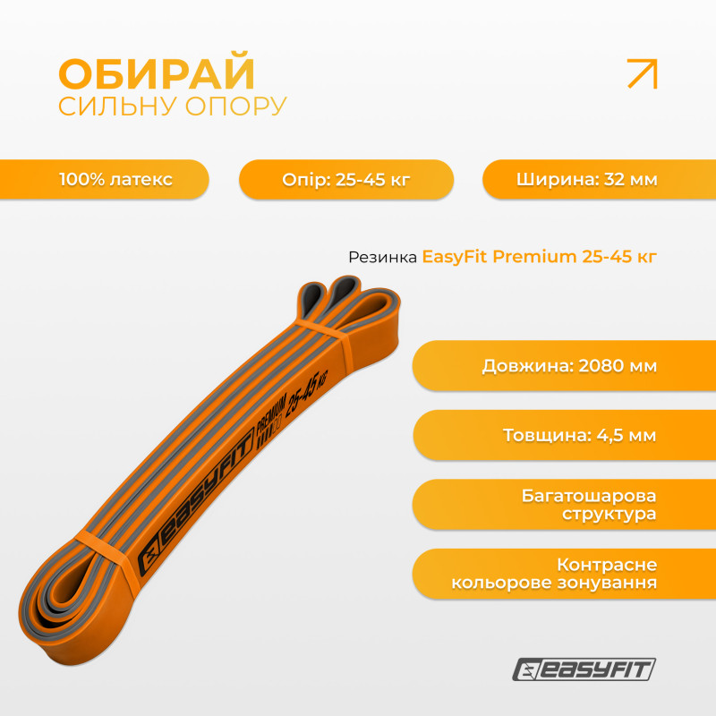 Двухслойная резинка (эспандер) EasyFit Premium, Сопротивление 25-45 кг, Длина 200 см, Ширина 3,2 см, Толщина 4,5 мм, Латекс, Оранжевый, Для подтягиваний, силовых тренировок и реабилитации