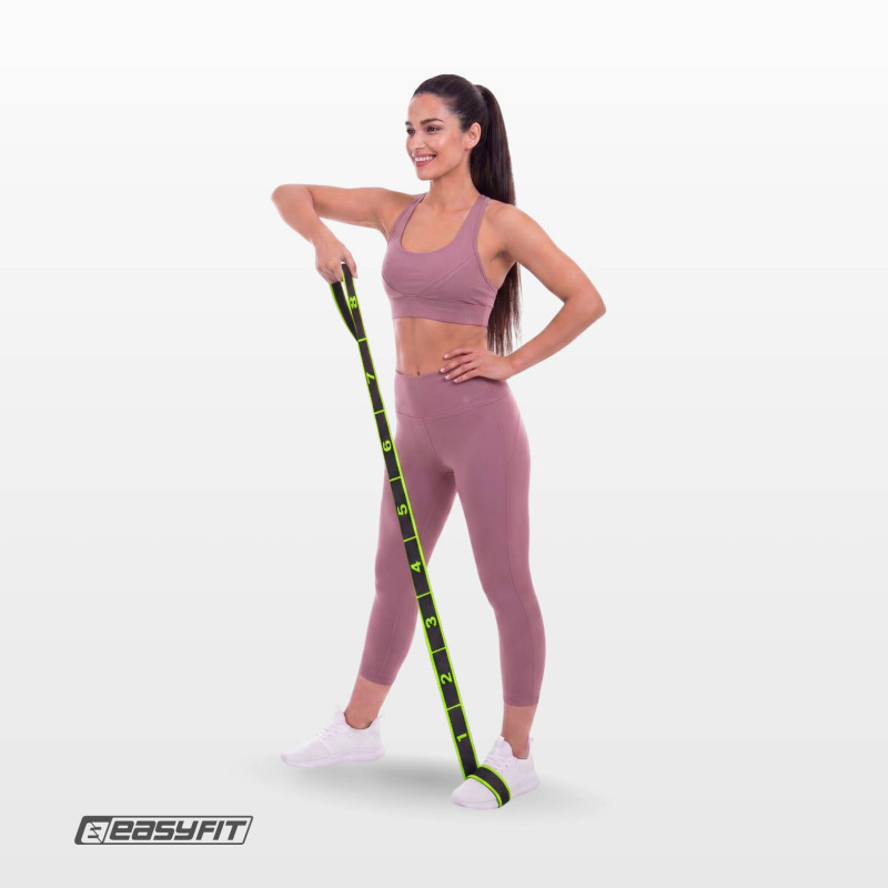 Резинка тканинна EasyFit з петлями для розтяжки і тренувань, Рівень навантаження: Easy, Довжина 90 см, Ширина 3 см, Поліестер, Еластан, Чорно-зелений