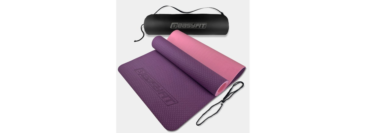 Двухслойный коврик EasyFit для пилатеса, фитнеса и йоги с чехлом, 183x61 см, толщина 6 мм, TPE/TC, ECO-Friendly, фиолетово-розовый