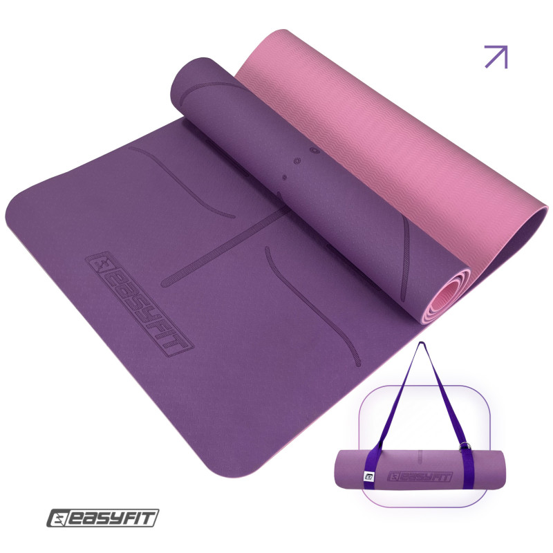 Килимок для йоги та фітнесу EasyFit Polarity Padma з ременем, Розмір 183х61 см, Товщина 8 мм, TPE/TC, Фіолетово-рожевий