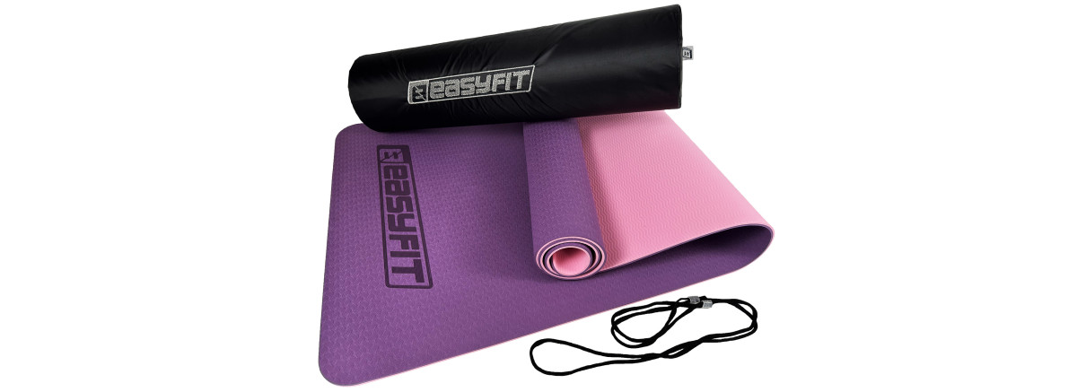 Двошаровий килимок EasyFit для пілатесу, фітнесу та йоги з чохлом, 183x61 см, товщина 6 мм, TPE/TC, ECO-Friendly, фіолетово-рожевий