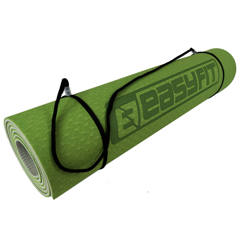 Двошаровий килимок EasyFit для пілатесу, фітнесу та йоги з чохлом, 183x61 см, товщина 6 мм, TPE/TC, ECO-Friendly, зелено-сірий