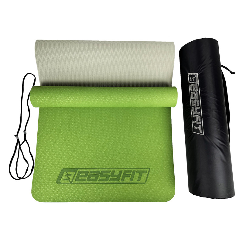 Двошаровий килимок EasyFit для пілатесу, фітнесу та йоги з чохлом, 183x61 см, товщина 6 мм, TPE/TC, ECO-Friendly, зелено-сірий