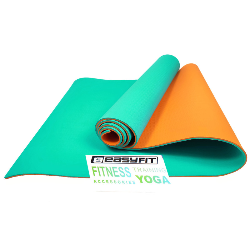 Двухслойный коврик EasyFit для пилатеса, фитнеса и йоги, 183x61 см, толщина 6 мм, TPE/TC, ECO-Friendly, бирюзово-оранжевый