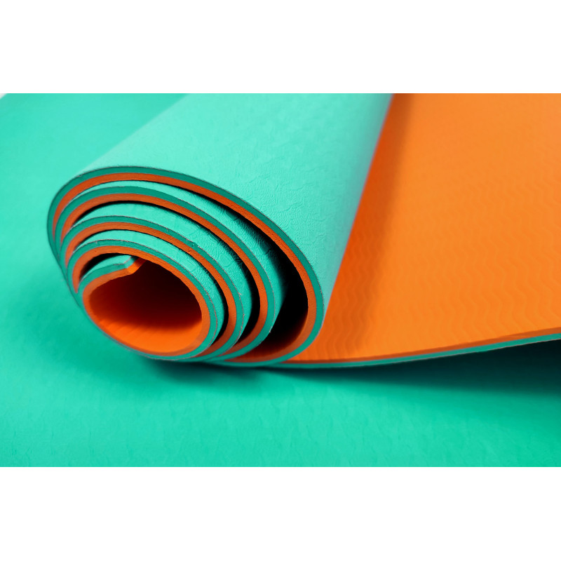 Двухслойный коврик EasyFit для пилатеса, фитнеса и йоги, 183x61 см, толщина 6 мм, TPE/TC, ECO-Friendly, бирюзово-оранжевый