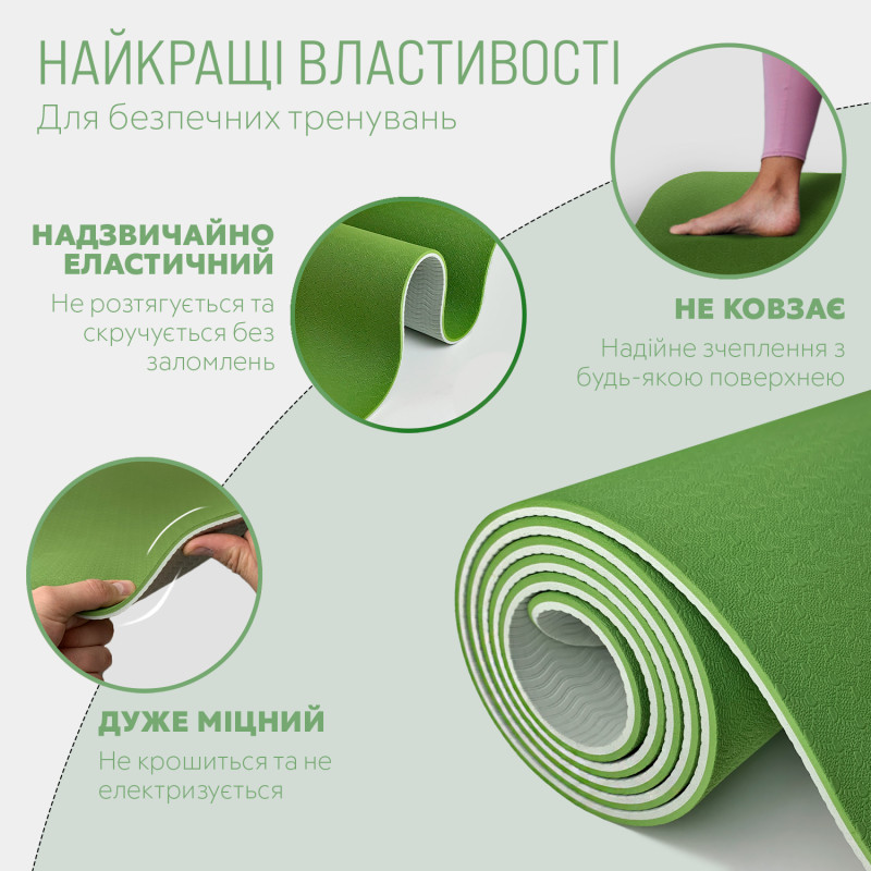 Двошаровий килимок EasyFit для пілатесу, фітнесу та йоги з чохлом, 183x61 см, товщина 6 мм, TPE/TC, ECO-Friendly, зелено-сірий