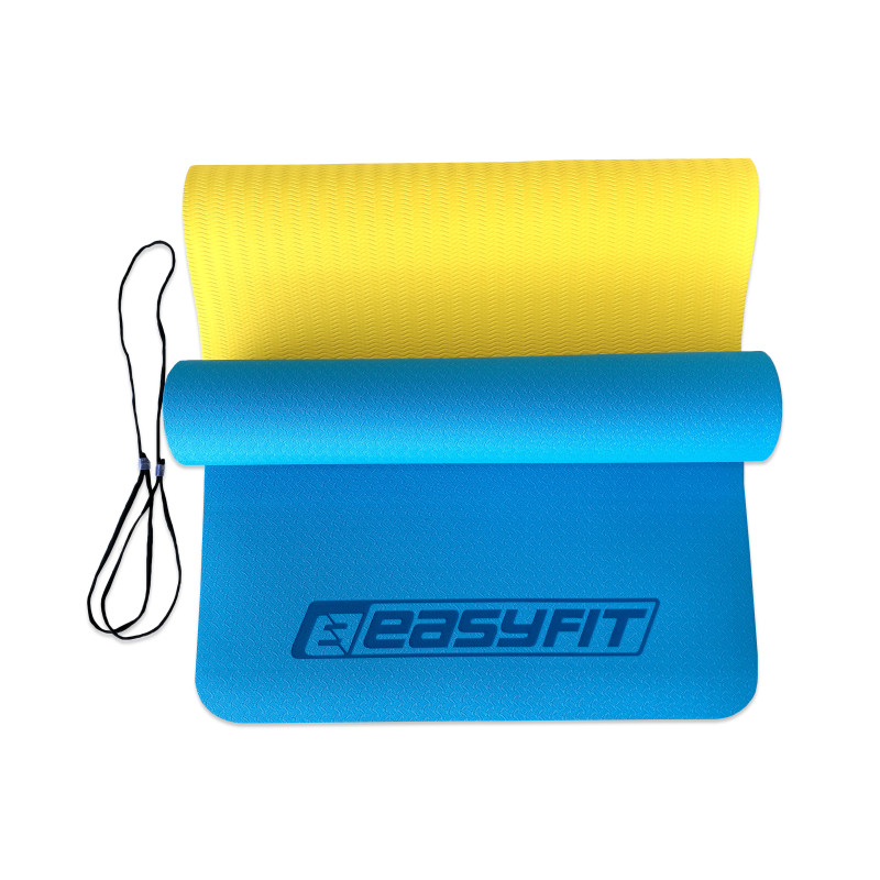 Двухслойный коврик EasyFit для пилатеса, фитнеса и йоги, 183x61 см, толщина 6 мм, TPE/TC, ECO-Friendly, сине-желтый